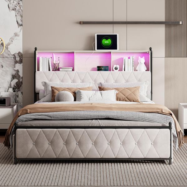 Letto Imbottito Per Adulti Con Illuminazione Led E Porte Usb, 4 Cassetti, Rete A Doghe, Rivestimento In Velluto, 180 X 200 Cm, Beige-image