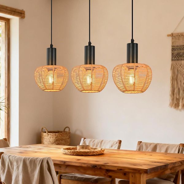 Zmh Lampada A Sospensione A 3 Fiamme Lampada Da Tavolo In Rattan Lampada A Sospensione Intrecciata Paralume In Canapa Corda E27 Lampada A Sospensione Per Sala Da Pranzo Camera Da Letto-image