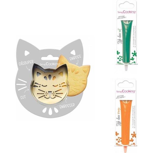 Set Di Biscotti In Rilievo Per Gatti + 2 Penne Di Cioccolato Verde E Arancione-image