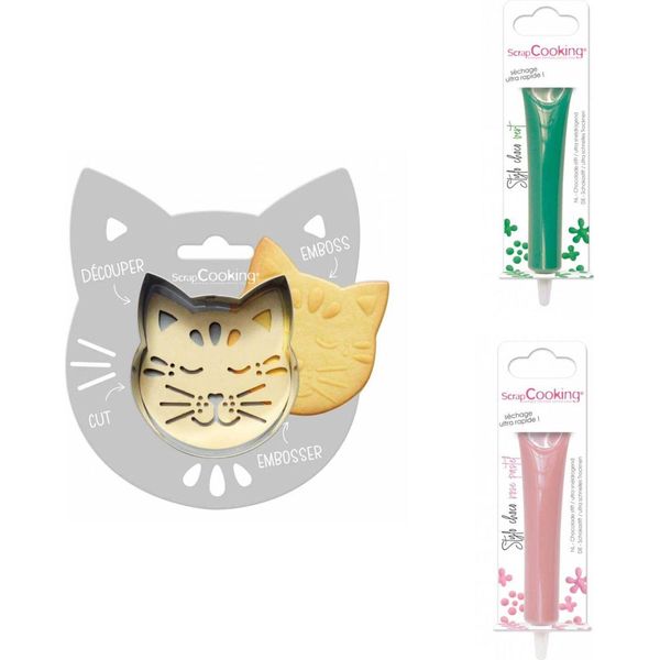 Confezione Di Biscotti Con Rilievo Di Gatto + 2 Barrette Di Cioccolato Verde Pastello E Rosa-image