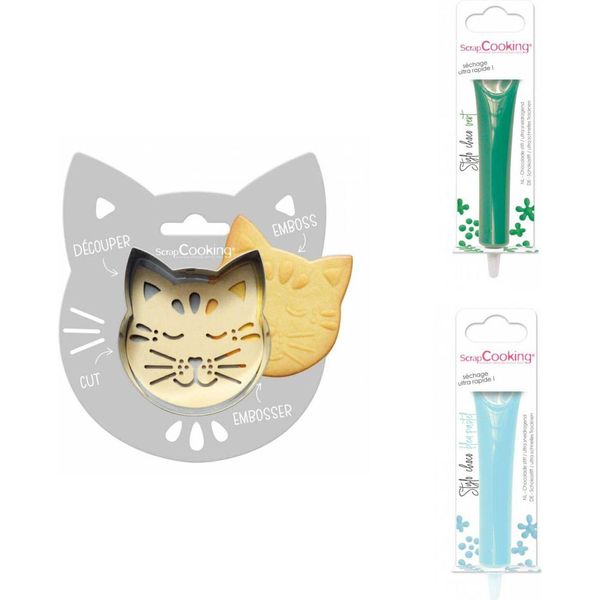 Confezione Di Biscotti In Rilievo Con Gatto + 2 Matite Di Cioccolato Color Verde E Blu Pastello-image