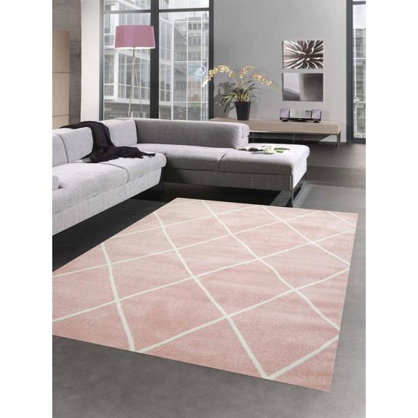 Tappeto Scandinavo Per Il Soggiorno Con Motivo A Diamante Bianco Crema Rosa Di Facile Manutenzione Dimensioni - 80 X 300 Cm-image