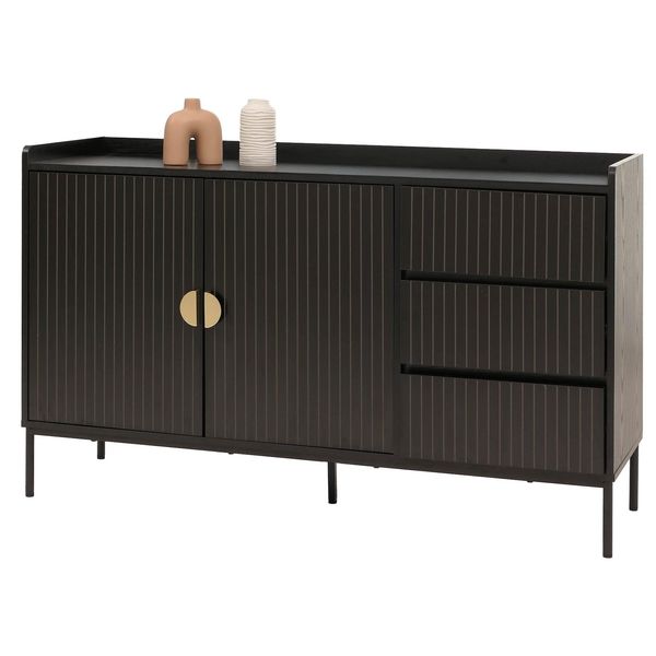 Sideboard MCW-O39, Kommode Schrank Anrichte, 3 Schubladen 2 TüRen, Holz Melamin 80X130X42Cm ~ Holzoptik Schwarz-image