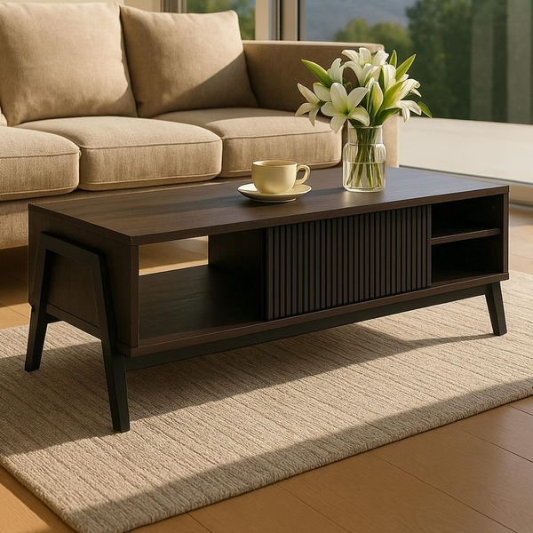 Couchtisch MCW-O40, Wohnzimmertisch Sofatisch, StaufäCher SchiebetüR MDF Metall Melamin 42X120X60Cm ~ Walnuss-Optik-image