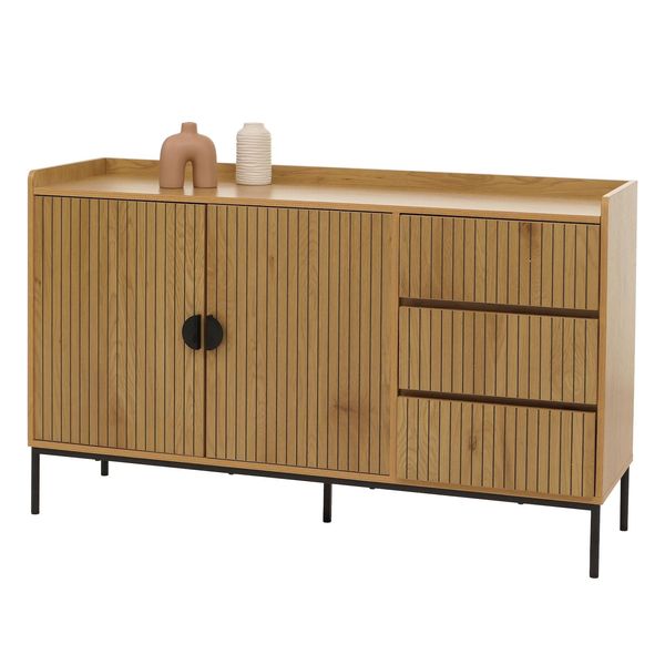 Sideboard MCW-O39, Kommode Schrank Anrichte, 3 Schubladen 2 TüRen, Holz Melamin 80X130X42Cm ~ Natur-image