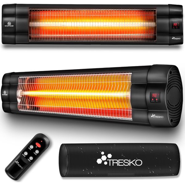 Tresko Riscaldatore Radiante A Infrarossi 2500W Nero Con Telecomando, Timer E Coperchio | Riscaldatore Elettrico Per Patio Con 3 Impostazioni Di Calore | Riscaldatore Per Patio Per Interni Ed Esterni | Riscaldatore A Infrarossi A Parete Con Display A Led Riscaldatore Al Quarzo Riscaldatore Da Tavolo-image