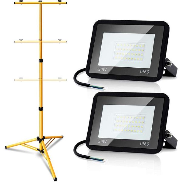 Fiqops Proiettore A Led Con Treppiede Faretto Da Costruzione Proiettore IP66 Luci Da Lavoro Per Giardino Cortile Cortile 2X30W Bianco Freddo-image
