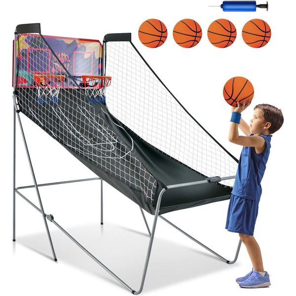 Costway Canestro Da Basket Supporto Da Basket Macchina Da Basket Gioco Di Tiro Elettronico Punteggio Automatico, Incl. 4 Palle Pieghevole (Viola)-image