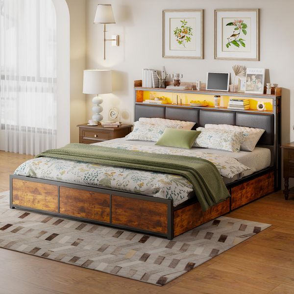 Letto Per Ragazzi Proximax 160X200Cm, Letto Matrimoniale In Metallo, Letto In Legno, Con Rete A Doghe, Letto Imbottito Con Led E Mensola, Letto Contenitore Con 4 Cassetti, Pu, Nero-image