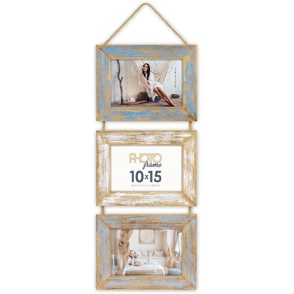 Zep Cornice In Legno Voiron 3 Foto 10X15 Cm Blu Bianco Vintage 49X26 Cm Parete-image