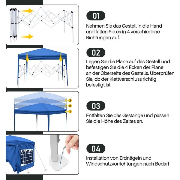 Aopunly Gazebo Pieghevole 3X3M Blu Con Luce Solare A Led Con Pareti Laterali Tenda Per Feste Protezione Uv Regolabile In Altezza Con Borsa Per Il Trasporto, Per Il Campeggio All'aperto In Giardino-image