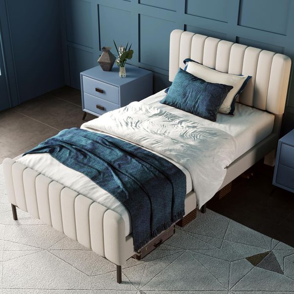Letto Singolo Imbottito Sweiko Con Testiera Regolabile E Rete A Doghe, Lino, 90 X 200 Cm, Beige (Senza Materasso)-image