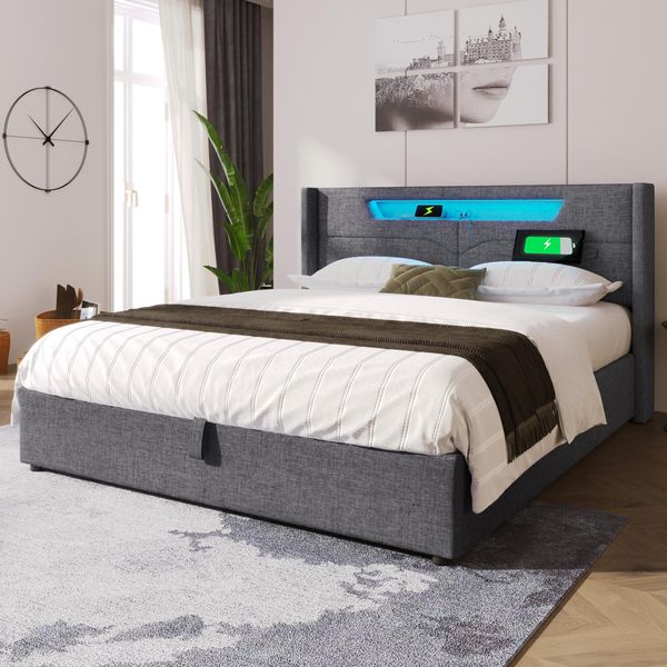 Letto Imbottito Flieks 140X200 Con Usb E Tipo C, Letto A Molle Con Rete A Doghe, Letto Per Ragazzi Con Led, Letto Contenitore Idraulico Letto Matrimoniale, Biancheria, Grigio-image