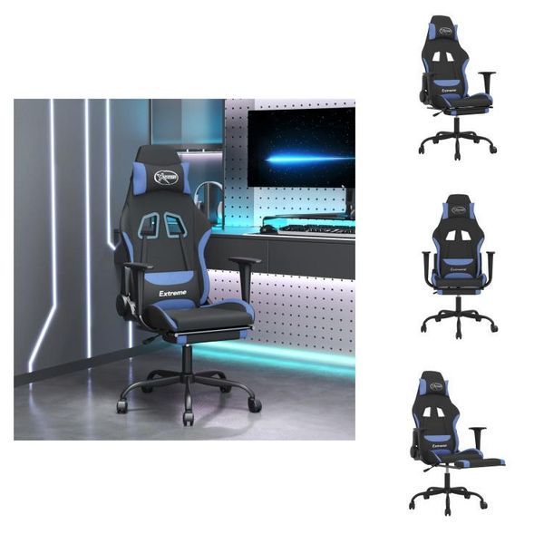 Vidaxl Sedia Da Gioco Con Massaggio E Poggiapiedi In Tessuto Nero E Blu - Sedia Da Gioco-image