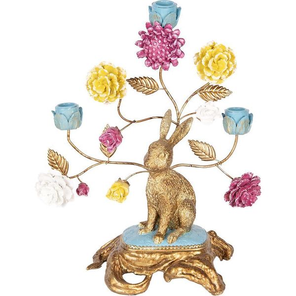 Portacandele Clayre & Eef 30X16X37 Cm Fiori Di Coniglio In Plastica Color Oro-image