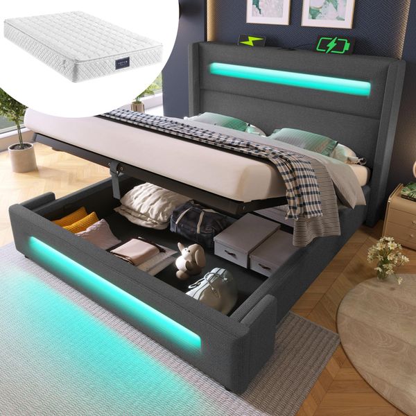 Letto Imbottito Matrimoniale 160X200 Cm, Letto Contenitore Con Vano Idraulico E Ricarica Usb Type-C, Grigio, Lino, Con Materasso.-image
