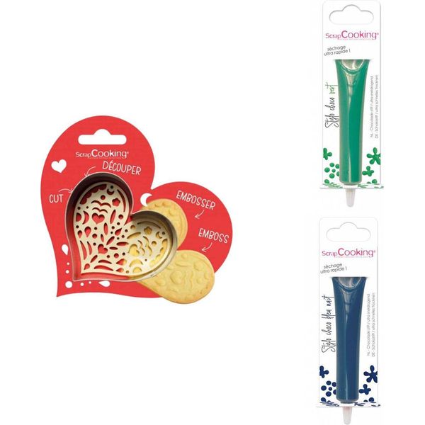 Set Di Biscotti Con Cuore In Rilievo + 2 Bastoncini Di Cioccolato In Verde E Blu Notte-image
