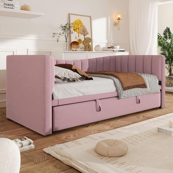 Sweiko Daybed 90 X 200 Cm, 180 X 200 Cm, Letto Imbottito Con Letto Estraibile, Divano Letto, Letto Singolo, Letto Matrimoniale, Velluto, Rosa, Senza Materasso-image