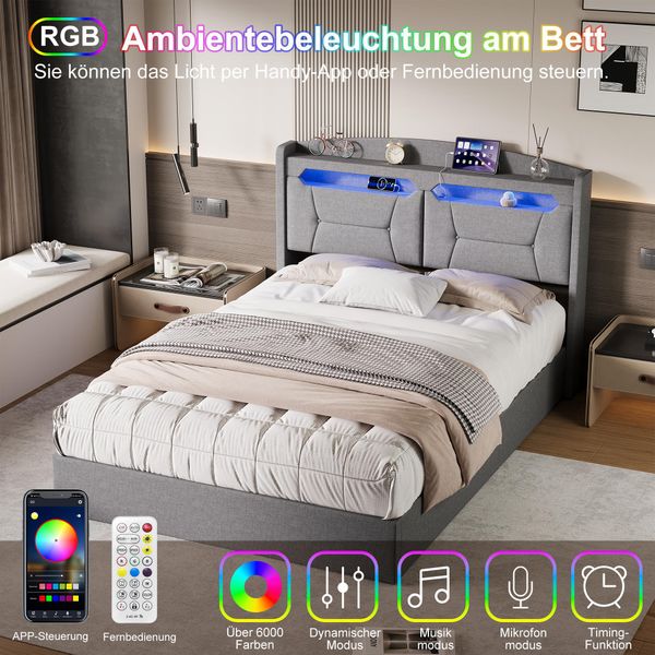 Unboxg Letto Imbottito 140X190Cm Con Usb E Type-C, Letto Matrimoniale Per Ragazzi Con Led, Letto Contenitore Idraulico Con Rete A Doghe, Grigio Lino-image