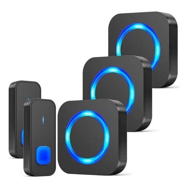 Set Di Campanelli Da Esterno Senza Fili E Impermeabile Con 2 Trasmettitori E 3 Ricevitori - Portata Di 400 M, 55 Melodie, 5 Livelli Di Volume E Display A Led-image