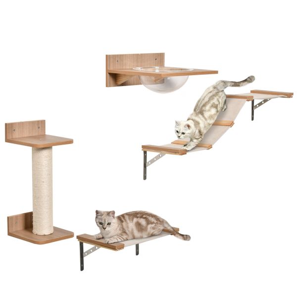 Set Parete Di Arrampicata Per Gatti Aiorber Con Tiragraffi, Scala Per Gatti E Amache, Robusto Sistema Di Arrampicata E Gioco Per Gatti Attivi, Marrone Chiaro-image