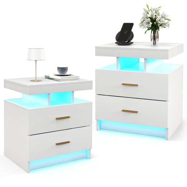 Costway Set Di 2 Comodini Con Led, Comodino Lucido, Tavolino Da Divano Cassettiera Con 2 Cassetti E Colori Regolabili 50X40X58Cm-image