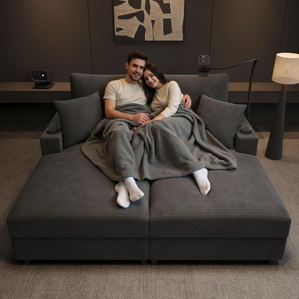 Divano Letto A 2 Posti Merax, Divano Letto Matrimoniale Imbottito Con Funzione Letto, Cuscini, Porta Usb, Portabicchieri, Portacellulare, Tessuto A Coste, Grigio-image