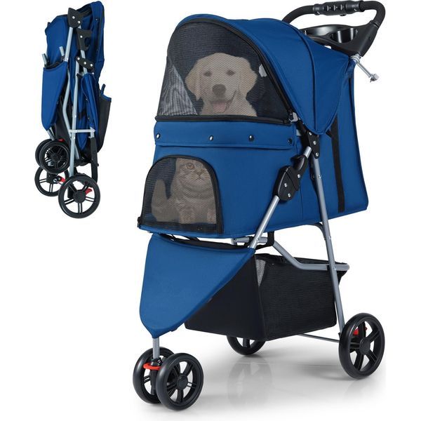 Costway Passeggino Pieghevole Per Cani, Passeggino Per Cani Fino A 15 Kg, Passeggino Per Gatti A 3 Ruote, Passeggino Per Animali Domestici Con Imbottitura, Tettuccio Parasole Regolabile, Maniglia, Finestre A Rete E Cestino-image