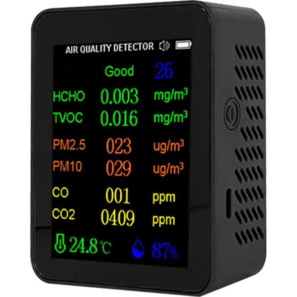 Misuratore Portatile Di Qualità Dell'aria 9In1 PM2,5 PM10 Co CO2 Tvoc Hcho Aqi Tester Di Temperatura E Umidità Rivelatore Di Anidride Carbonica A Schermo A Colori Con Funzione Di Visualizzazione Di Data E Ora-image