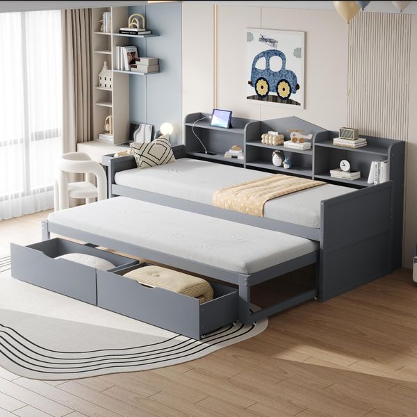 Divano Letto Fortuna Lai 90*200, Letto Estraibile 90*190 Con Due Cassetti, Ampio Vano Portaoggetti E Cestello, Presa Usb, Letto Singolo In Legno, Grigio-image