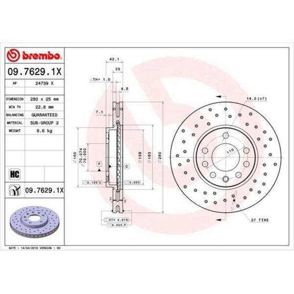 2X Disco Freno Brembo 09.7629.1X Per Opel Corsa C Hatchback (X01) Combo Tour-image