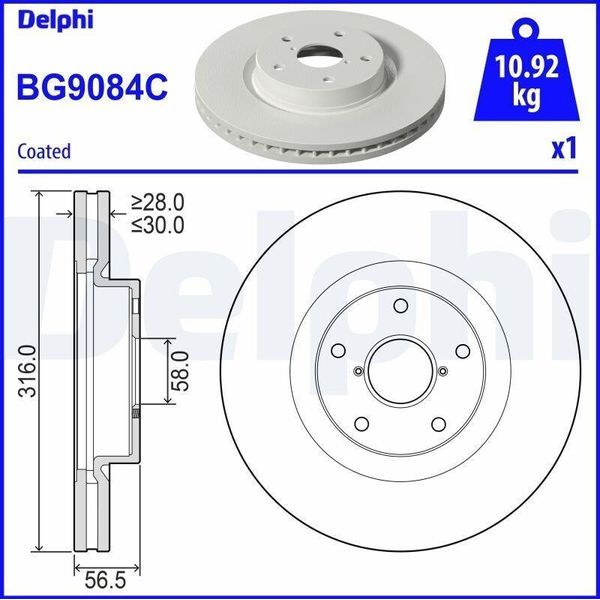 2X Disco Freno Delphi BG9084C Per Subaru Outback (Br) Outback (Bs) 56 5Mm 316Mm-image