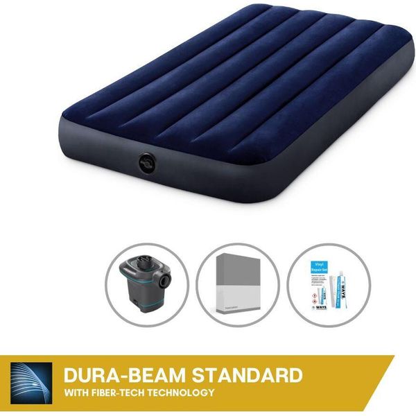 Letto Gonfiabile Intex - 1 Persona - 99 X 191 X 25 Cm - Blu + Pompa Elettrica Intex - 650 Litri/Min + Lenzuolo Di Ricambio Antracite + Kit Di Riparazione-image