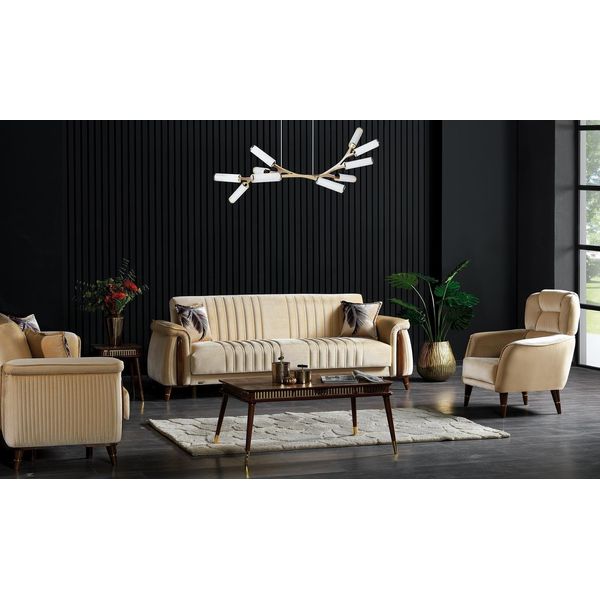 Set Di Divani 3+3+1 Posti Completo Di Divano Tessile Poltrona Legno Beige-image