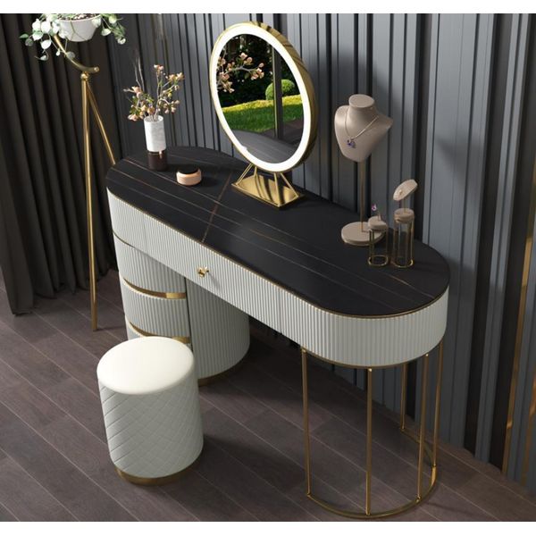Tavolino Da Toilette Bianco Con Specchio In Acciaio Inox Design Moderno-image