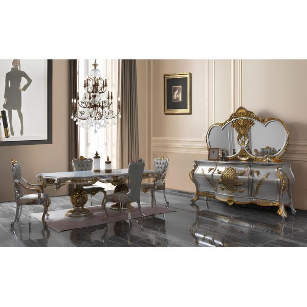 Set Sala Da Pranzo Zona Pranzo Tavolo Da Pranzo Sedie Legno Set 9 Pezzi Grigio Barocco-image