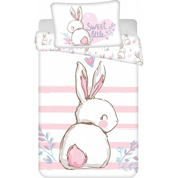 Biancheria Da Letto Reversibile Per Bambini Bianco Coniglietto Cuoricini Piante Rosa Righe Piumone 100 X 135 Cm + Cuscino 40 X 60 Cm 100% Cotone-image