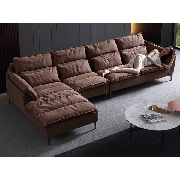 Soggiorno Design Angolare Tessile Pelle Marrone Lusso Divano Imbottito Forma L Nuovo-image