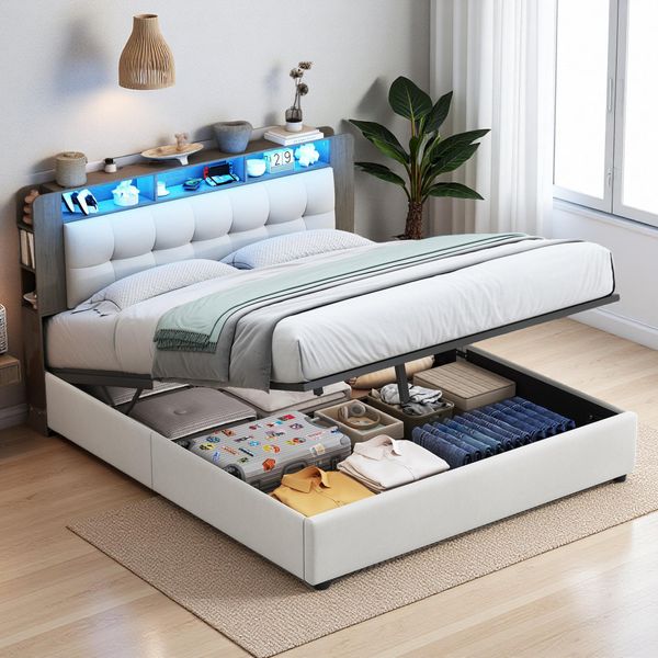 Letto Imbottito Fortuna Lai 160X200 Cm, Letto Contenitore Idraulico Con Led E Usb, Velluto, Beige-image