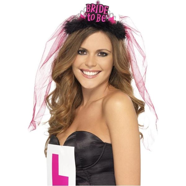 Smiffys - Tiara E Velo Da Donna "Bride To Be"" - Plastica SM716 (Taglia Unica) (Nero/Rosa)"-image