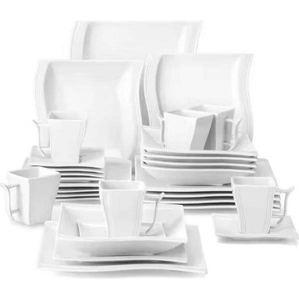 Squisiti Servizi Per La Cena - 6 Persone - Ceramica Bianca - Piatti Per La Cena E Piatti Per La Colazione-image