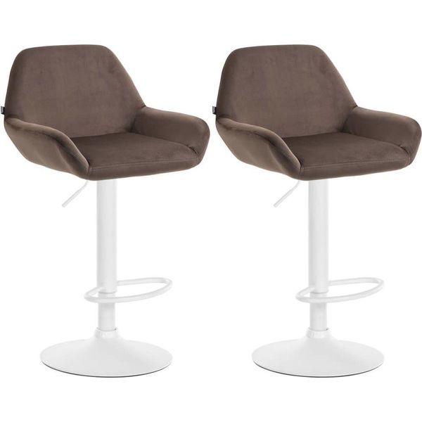 Set Di 2 Sgabelli Da Bar - Sedute In Velluto - Altezza Regolabile, Girevole A 360° | Colore: Marrone | Materiale Base: Metallo Bianco Opaco-image