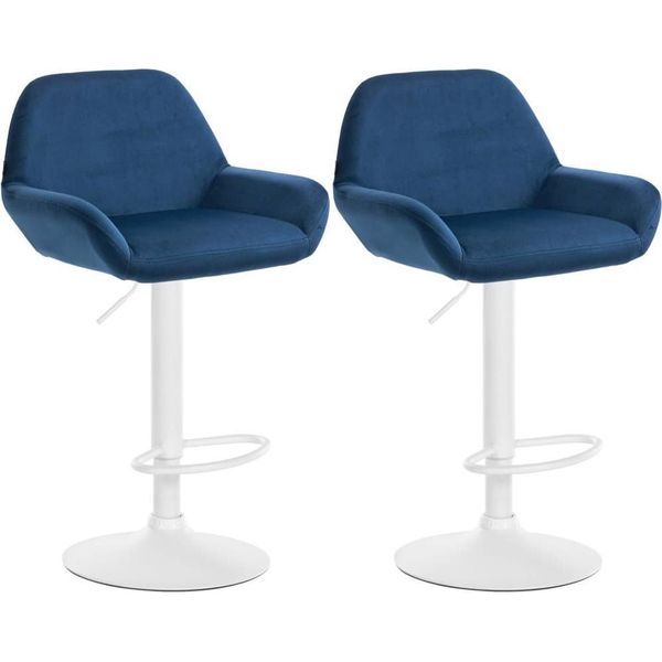 Set Di 2 Sgabelli Da Bar - Sedute In Velluto - Altezza Regolabile, Girevole A 360° | Colore: Blu | Materiale Base: Metallo Bianco Opaco-image