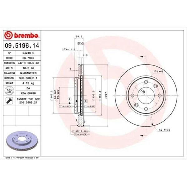 2X Disco Freno Brembo 09.5196.11 Per Peugeot 206 Hatchback (2A/C) 34Mm-image