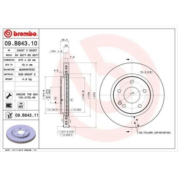2X Disco Freno Brembo 09.B843.11 Per MERCEDES-BENZ Vaneo (414) 36Mm-image