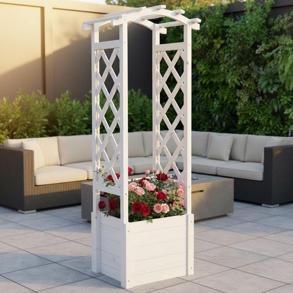 Arco Di Rose Mucola Con Fioriera Traliccio Di Rose Colonna Di Legno Traliccio Pergola Aiuto Arrampicata Colonna Di Rose - Bianco-image