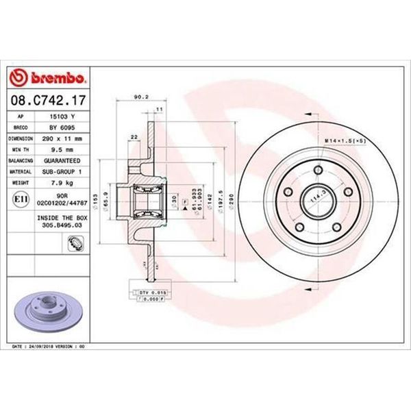 2X Disco Freno Brembo 08.C742.17 Per Renault Espace V (Jr_) 90Mm 290Mm-image