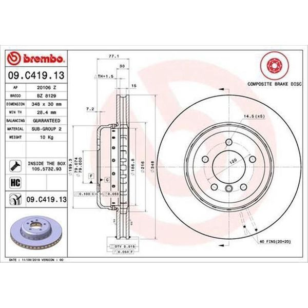 2X Disco Freno Brembo 09.C419.13 Per Bmw 5 Sedan (E60) 5 Touring (E61) 77Mm-image
