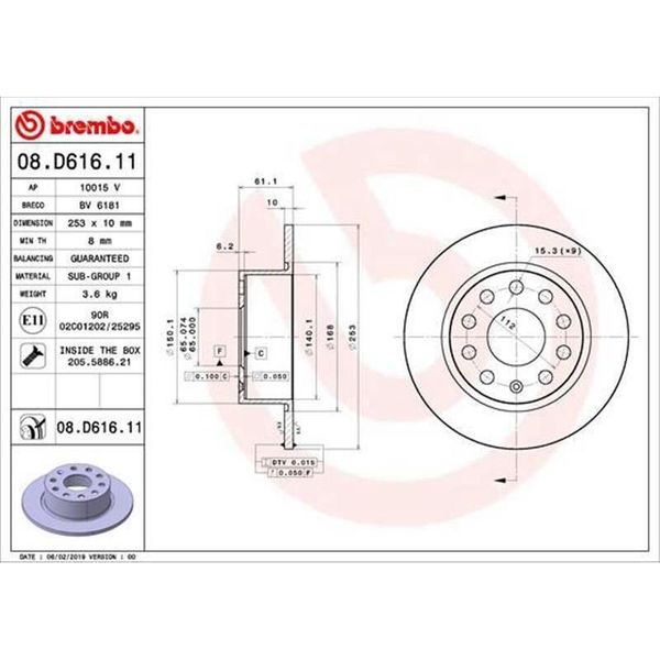 2X Disco Freno Brembo 08.D616.11 Per Skoda Octavia Iii Combi (5E5) 61Mm 253Mm-image
