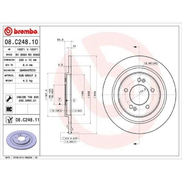 2X Disco Freno Brembo 08.C248.11 Per Hyundai I40 Cw (Vf) I40 (Vf) 25Mm 300Mm-image